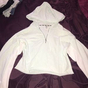 Quarter zip, wide sleeve shirt with hood